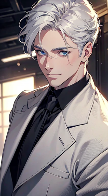 a mature man with short grey white hair, blue eyes, 31 years, and a perfect face, smiling in love, CEO, cinematic lighting, 1:4 HDR image, top view, ultra detailed, best quality, masterpiece, 8K, photorealistic, beautiful image