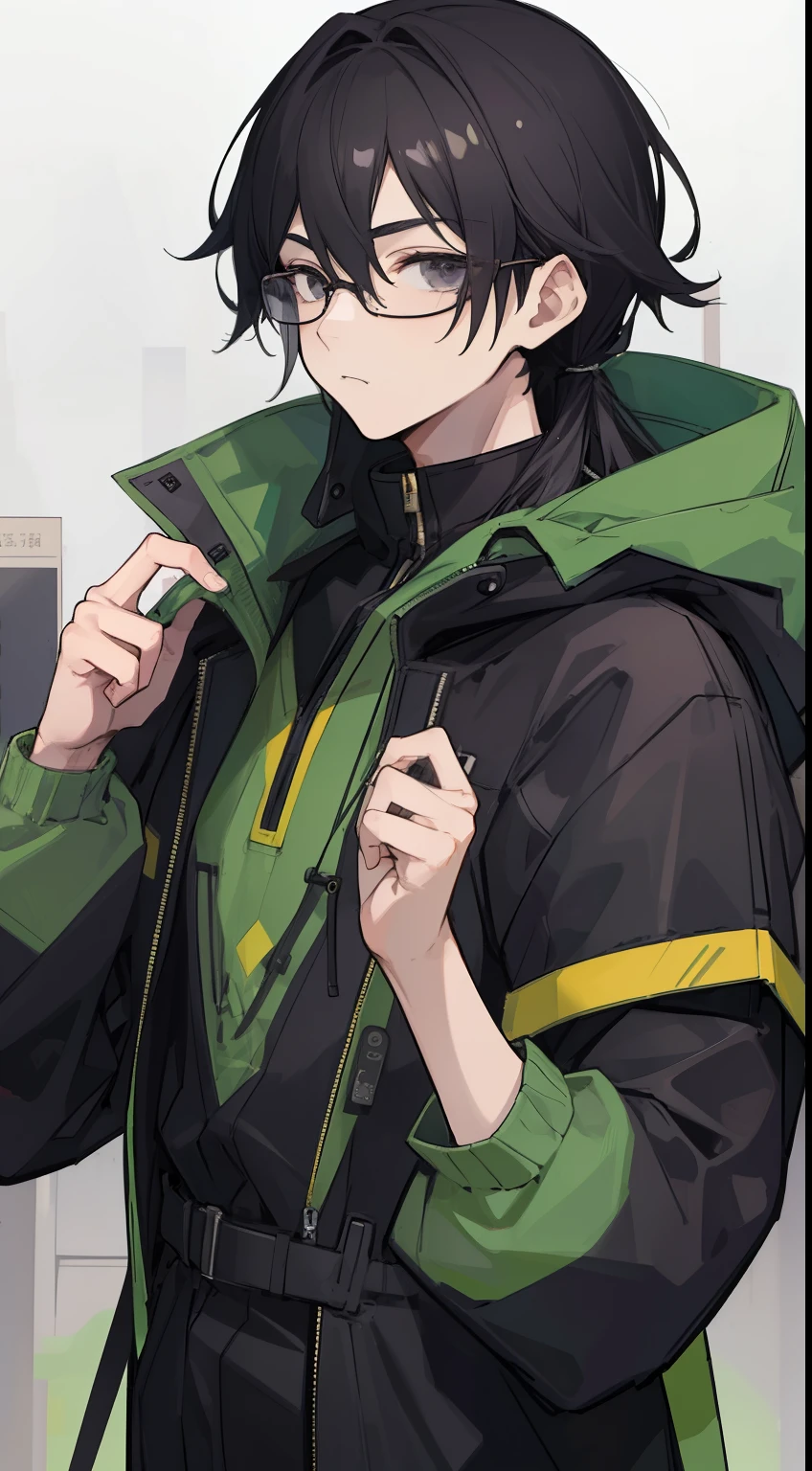 (Highest quality、masterpiece:1.2) ((1 boy)) Black Hair、black eye、Long Hair (Hooded parka) (Glasses) Beautiful and well-proportioned face、serious