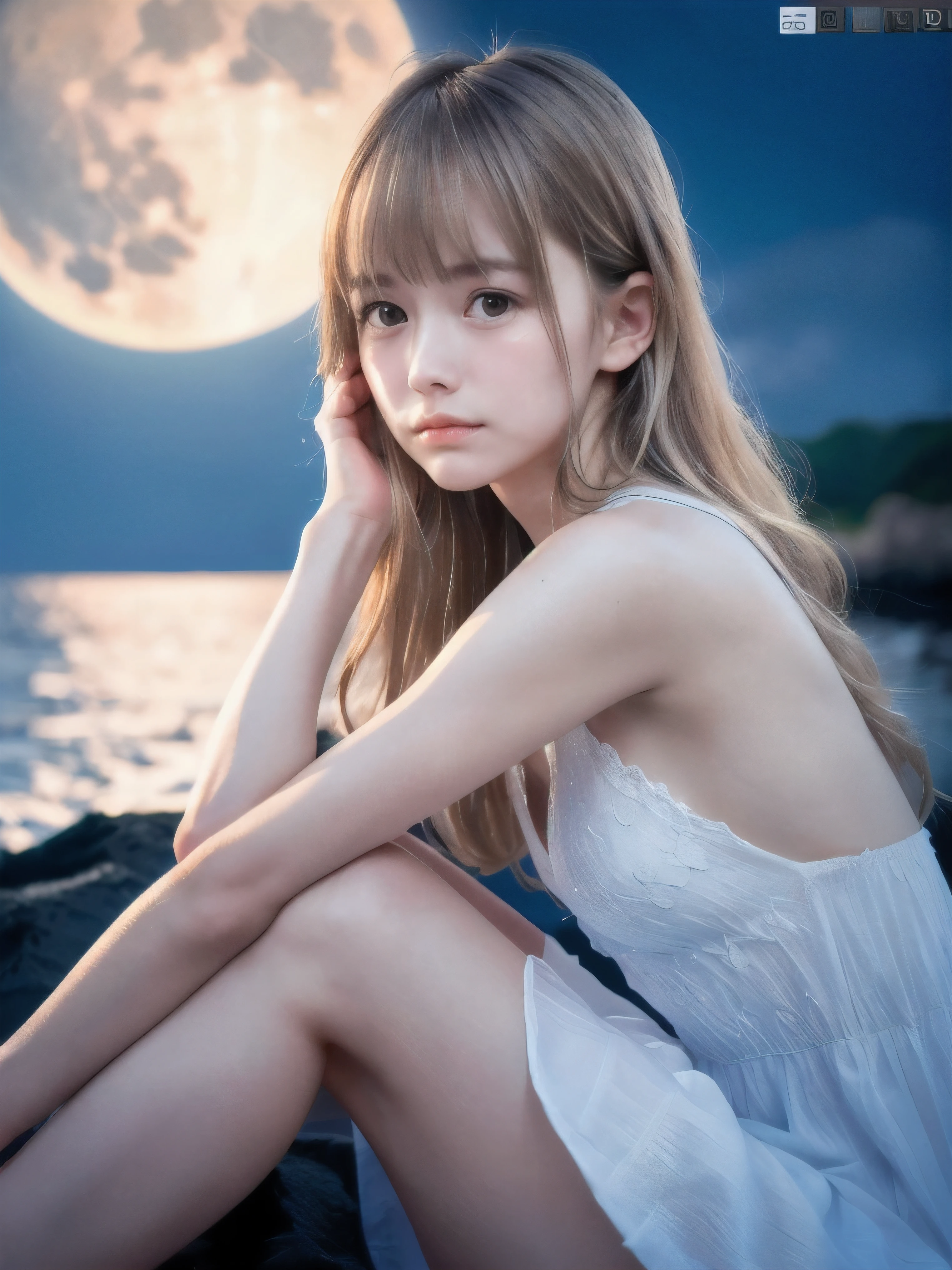 (Close up face shot of slender small-breasted half up blonde long hair with bangs girl wearing a white summer dress:1.5)、(One blonde hair girl is crying with tears at the cape of the sea in Japan:1.5)、(Beautiful midnight with full moon on the sea:1.5)、(blurred background:1.5)、(Natural light:1.5)、(8k ultra detailed master piece:1.5)、(perfect anatomy:1.5)、(Photorealistic stick:1.5)、(Raw photo:1.3)、(highest quality:1.5)、(High resolution:1.3)、(Delicate and beautiful perfect face:1.3)、(Delicate and beautiful eye air skin:1.3)、(Real Human Skin:1.3)、((thin legs))