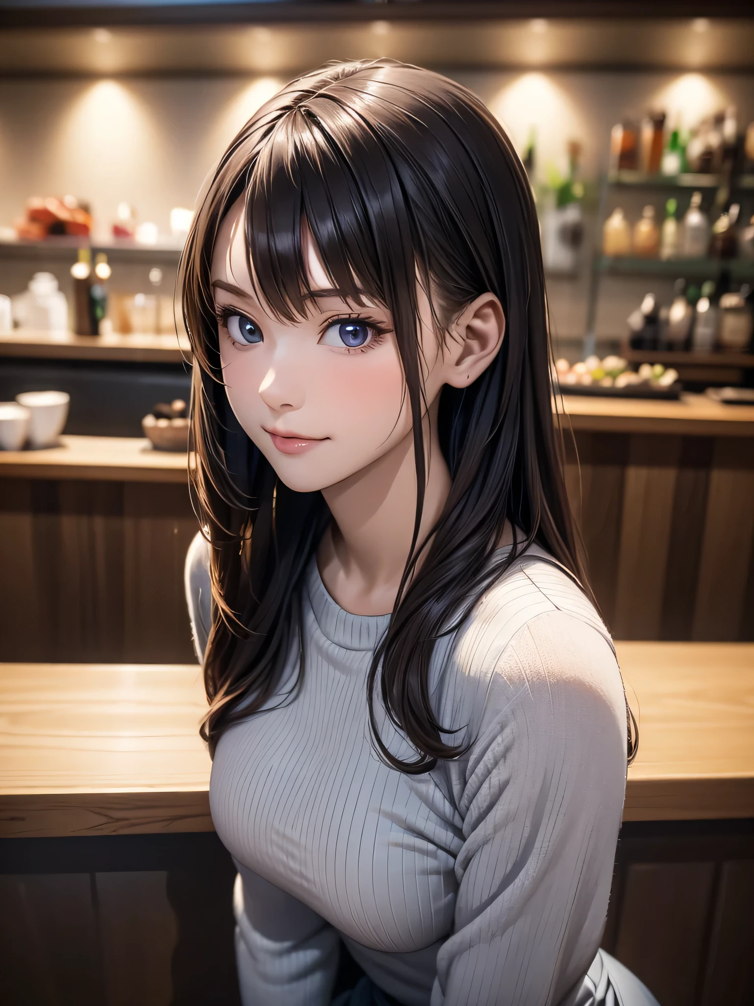 (masterpiece:1.3),(best quality, highest quality),((Full Body Shot,Including face)),4K,masterpiece,((Focus on the face)),((Symmetrical facial features)),Beautiful woman,(Slender),((High heels)),Detailed depiction of the face,In front of the bar counter,profile,Slenderな女性,Age 25,(((One cute woman))),Focus on the upper body,((Take a seat at the counter))