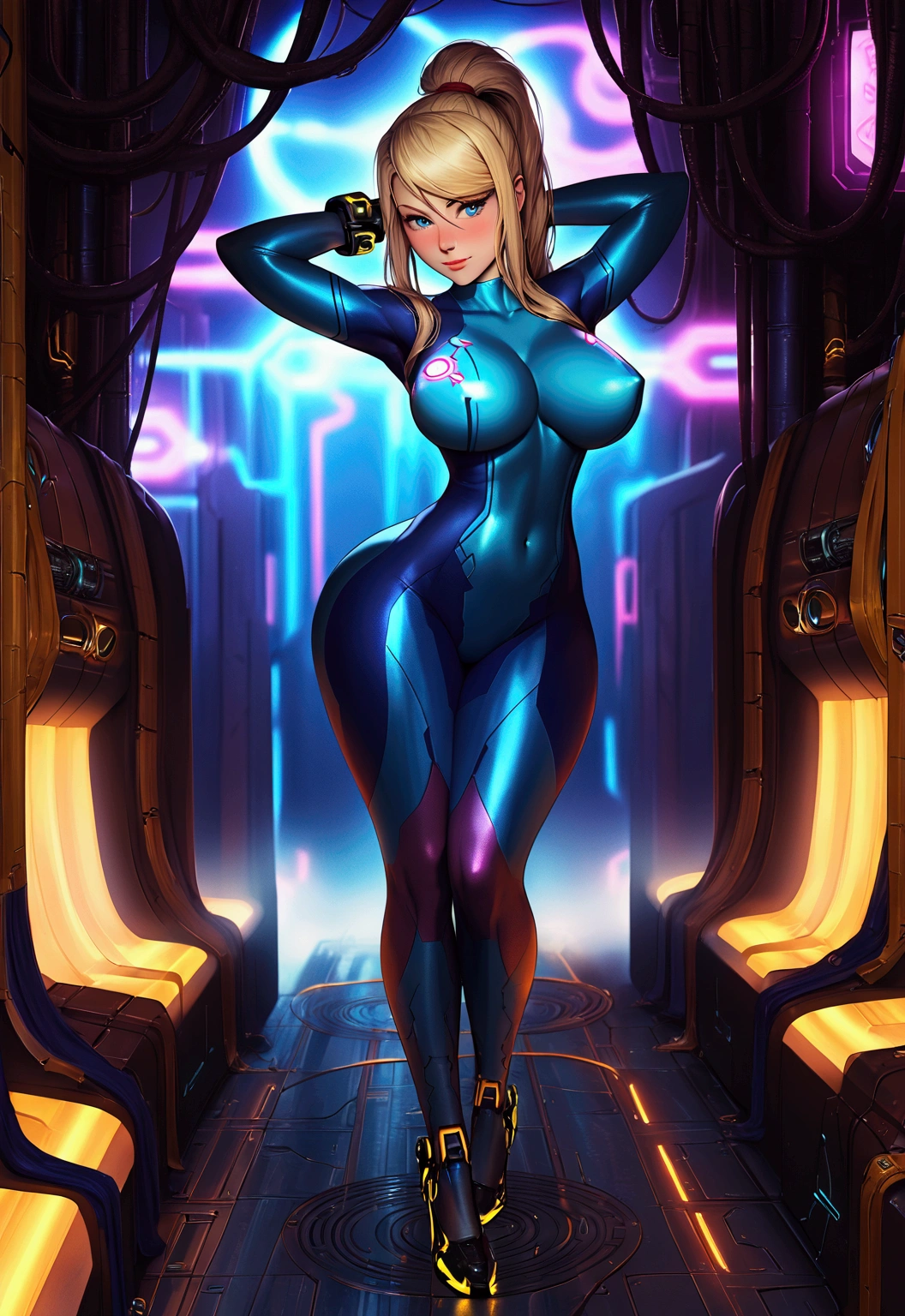 1girl, Samus Aran, standing, blonde hair, zero suit, blonde hair, blue eyes, posing, (dynamic sexy pose:1.4), detailed face, detailed eyes, looking at viewer, shy, teasing, subtle smile, flirting, seductive, large breast, big ass,dramatic lighting, erotic aesthetics, cute girl, medium shot, detailed setting, detailed background, futuristic setting, (neon lights:1.4), in futuristic dark room