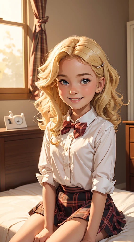 (masterpiece, best quality),1girl smiling with long Blonde curly hair sitting in a bed of her bedroom in front of her bedroom, blurry foreground, plaid short skirt, a white blouse with a loose bow tie, 8 yo, flat chest, very young, cute child
