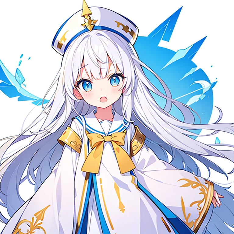Mouth open、There is a gap on the top of the hat、Pure white background、Standing still、Hands at sides、White hat with gold decoration、Long white hair、Sailor'White uniform