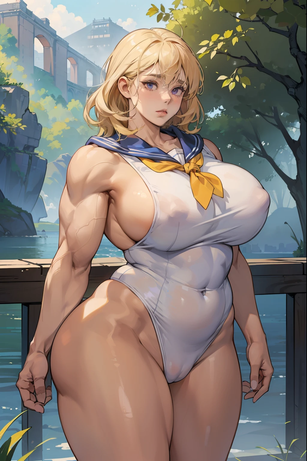 (((((Woman with brown skin, Muscular))))), ((thick thighs, 非常にLarge Breasts,、Strong Body、), Blonde, alone, Glowing Skin, it was foggy, ,Bridge pier, Bristles,Are standing、Big body women、naked,Strong Body、pubic hair,Muscular in the forest,Composition from the front,Muscular and wide hips,Muscular and wide torso,Muscularの, Widebody,thick, Muscularの腕,thick, Muscularの脚,Muscular and broad shoulders,bodybuilder,nakedの美しい女性,Large Breasts,long, saggy breasts,,Deep purple eyes,Woman with beautiful face,Expressionless,,,Strong Woman,Right in front of the viewer,,Muscular女性,Big body and broad shoulders,thick Women,,sexy,Stand in front,正面にAre standing女性,A woman standing directly in front,真っ直ぐにAre standing,Fat woman,Fleshy ladies,Plump woman,Chubby woman,,A woman in a tight sailor suit