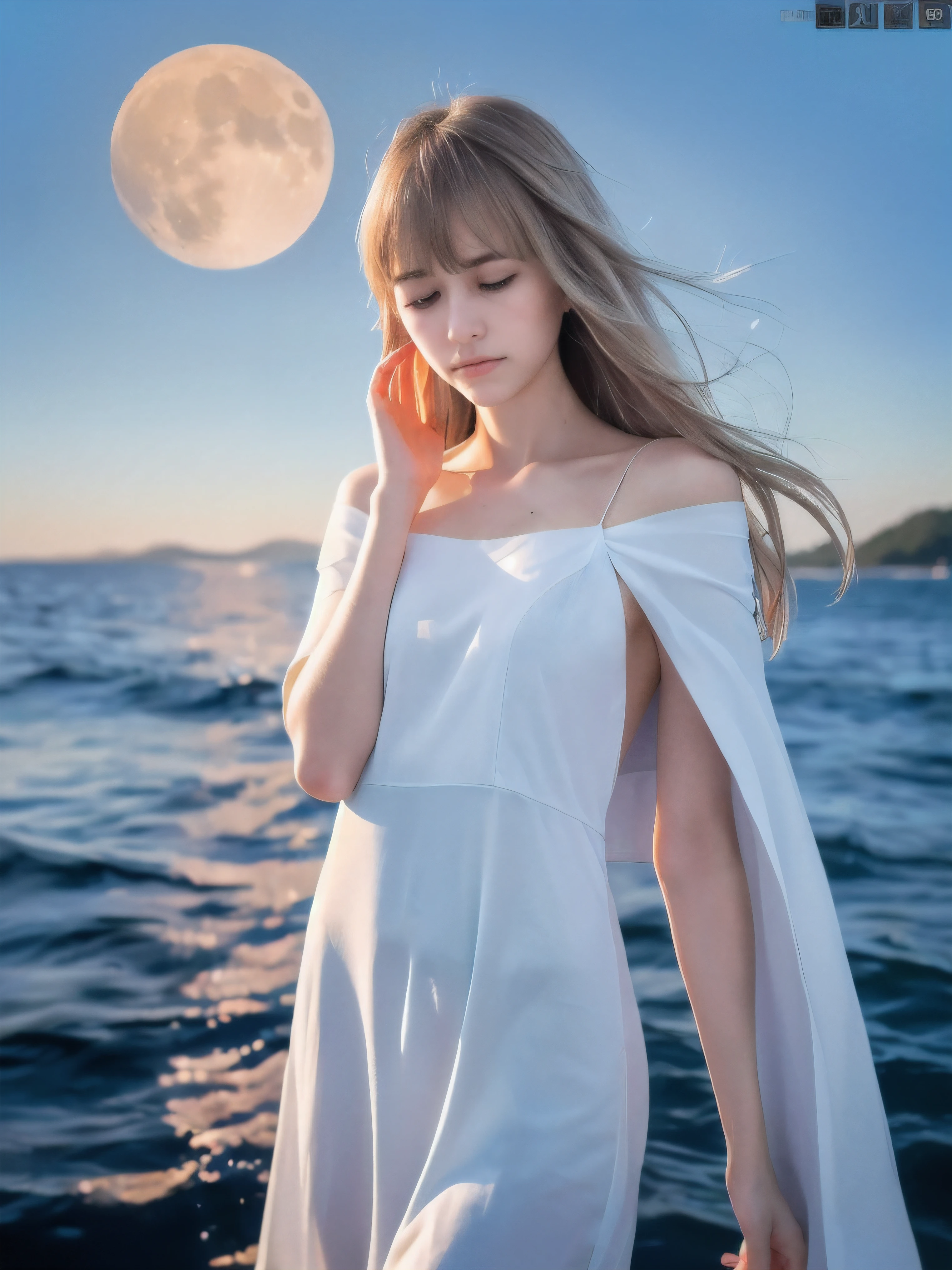(Close up face shot of slender small-breasted half up blonde long hair with bangs girl wearing a white summer dress:1.5)、(One blonde hair girl is crying with tears at the cape of the sea in Japan:1.5)、(Beautiful midnight with full moon on the sea:1.5)、(blurred background:1.5)、(Natural light:1.5)、(8k ultra detailed master piece:1.5)、(perfect anatomy:1.5)、(Photorealistic stick:1.5)、(Raw photo:1.3)、(highest quality:1.5)、(High resolution:1.3)、(Delicate and beautiful perfect face:1.3)、(Delicate and beautiful eye air skin:1.3)、(Real Human Skin:1.3)、((thin legs))