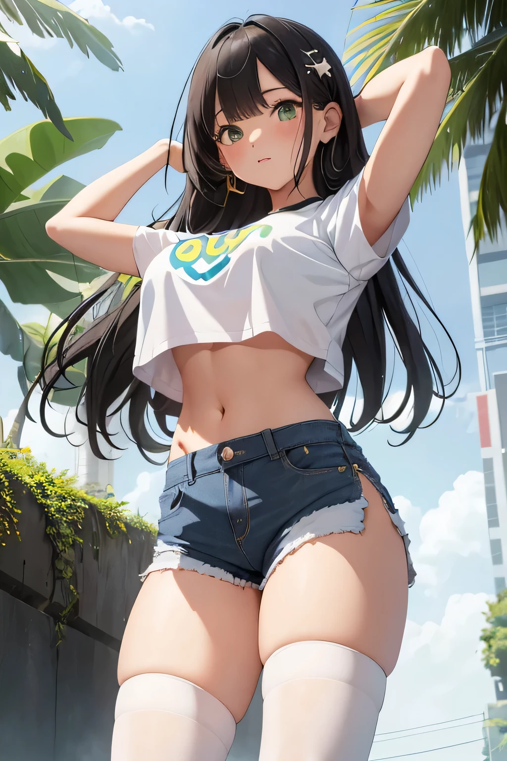 (8K、Highest quality、Highest quality、masterpiece)、Detailed face、One Girl、(Brown Skin:1.2)、Long Hair、Red Eyes、Serious、(Red Tank Top、Denim hot shorts、Open Shorts、Unziped shorts、Mini jeans Shorts、No Panties、NoPanties、Spread pussy、heart cutout)、labia view、Beach、cloud、vagina、Pussy Lip、Wedgie between Pussy Lips、Big Breasts