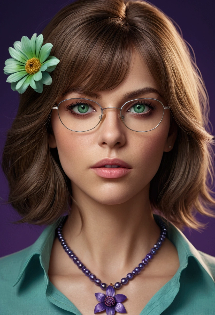 1 woman adult, straight hair, green eyes, beautiful detailed eyes, beautiful detailed lips, extremely detailed face and eyes, long eyelashes, blue shirt, necklace with purple flower, bangs divided in two, wide and mature face, glasses, detailed, photorealistic, 8k, hyper realistic, concept art, dramatic lighting, cinematic, vivid colors, highly detailed, masterpiece, best quality