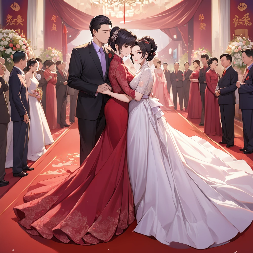 ((Highest quality)), ((masterpiece)), (detailed), (Perfect Face)、The woman is a Chinese woman named Kocho Shinobu.。, Purple gradient bob black hair and formal evening hairstyles. She is wearing an engagement ring. She is a prominent member of the Chinese Communist Party.、She is the wife of a great old Communist Party official.、The woman is beautifully dressed in a gorgeous red wedding dress typical of the Chinese Communist Party, and she loves her husband dearly and is happy to be his wife.、She was photographed alone at a wedding venue on a red carpet aisle.