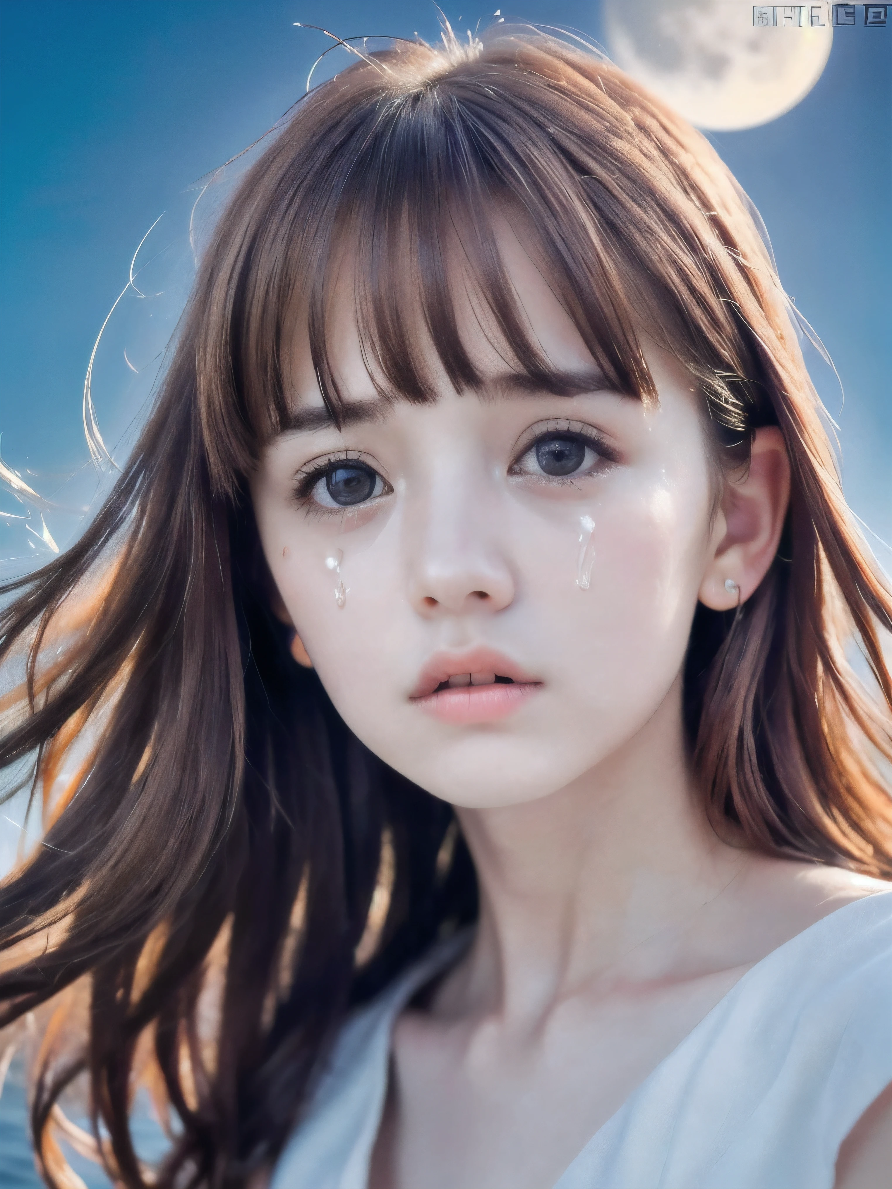 (Close up face shot of slender small-breasted red brown wavy long hair with dull bangs girl wearing a white summer dress:1.5)、(One girl is crying face with tears at the cape of the sea in Japan:1.5)、(Beautiful midnight with full moon on the sea:1.5)、(blurred background:1.5)、(Natural light:1.5)、(8k ultra detailed master piece:1.5)、(perfect anatomy:1.5)、(Photorealistic stick:1.5)、(Raw photo:1.3)、(highest quality:1.5)、(High resolution:1.3)、(Delicate and beautiful perfect face:1.3)、(Delicate and beautiful eye air skin:1.3)、(Real Human Skin:1.3)、((thin legs))