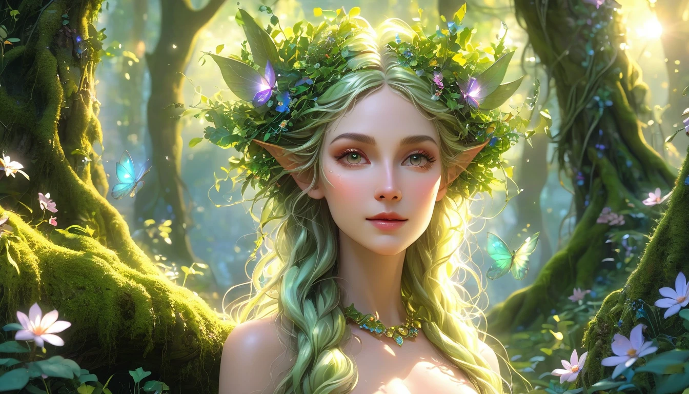 (Best quality,4K,8K,A high resolution,Masterpiece:1.2),Ultra-detailed,(Realistic,Photorealistic,photo-realistic:1.37),forest,Charming female dryad creature,Enchanting ethereal landscape,the lush vegetation,Majestic ancient trees,Magical sunlight shines through the branches,Soft glowing moss that covers the ground,Faintly transparent wings,Delicate flowers bloomed around her,The charming eyes radiate a soft glow,Serene expression,posing elegantly,Artistic interpretation,Subtle color palette,Enigmatic Atmosphere,Playful and whimsical elements,mesmerizing presence,The dryad blends in harmony with its surroundings,Immersive fantasy feeling,Natural, realistic lighting
