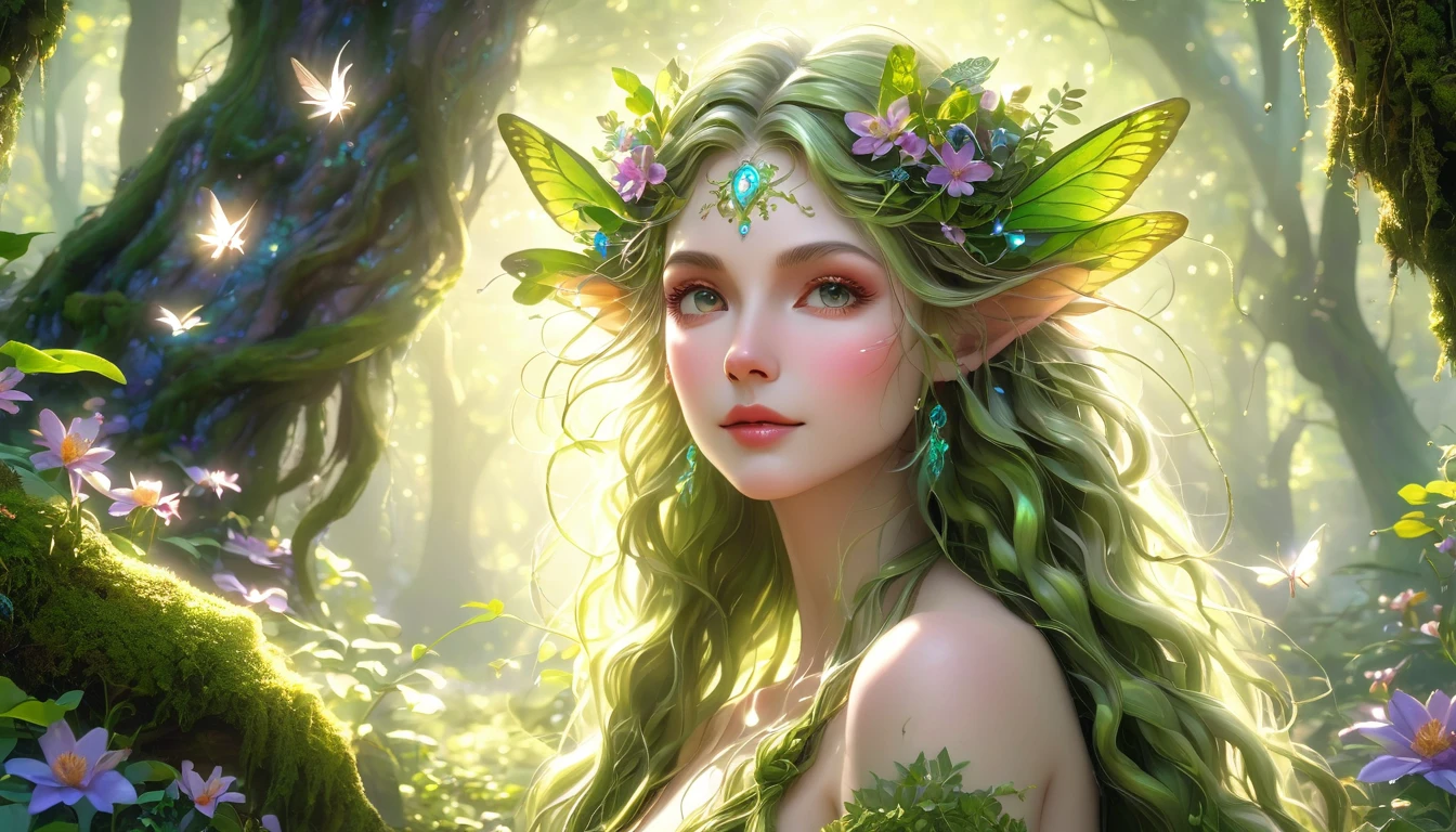 (Best quality,4K,8K,A high resolution,Masterpiece:1.2),Ultra-detailed,(Realistic,Photorealistic,photo-realistic:1.37),forest,Charming female dryad creature,Enchanting ethereal landscape,the lush vegetation,Majestic ancient trees,Magical sunlight shines through the branches,Soft glowing moss that covers the ground,Faintly transparent wings,Delicate flowers bloomed around her,The charming eyes radiate a soft glow,Serene expression,posing elegantly,Artistic interpretation,Subtle color palette,Enigmatic Atmosphere,Playful and whimsical elements,mesmerizing presence,The dryad blends in harmony with its surroundings,Immersive fantasy feeling,Natural, realistic lighting
