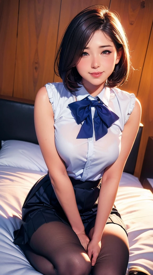 (8k, RAW Photos, Highest quality, Master:1.2), (Realistic, photo-Realistic:1.37), Very detailed, 1 girl, cute, alone, Beautifully detailed skies, Detailed face, night, Sitting, date, (blush), (smile: 1.1), (shut up), Big Breasts, Beautiful and delicate eyes, The button is off, (Collared shirt: 1.1), bow tie, Pleated skirt, (short hair: 1.2), Flowing Hair, Long eyelashes, eye shadow, Small face, Big eyes, Full Body Shot, Expose your shoulders, indoor, bed