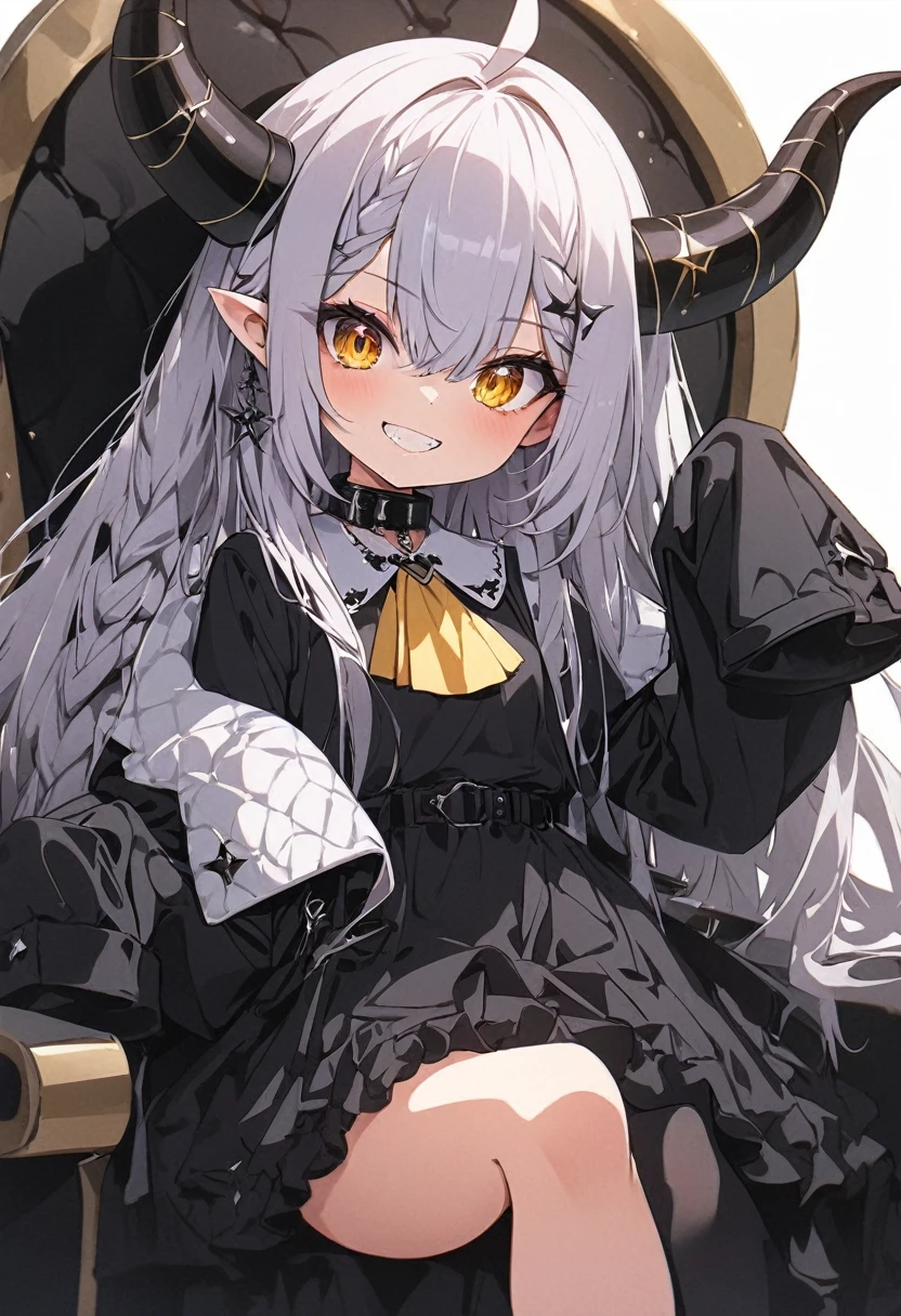 (muste piece), (best quality), (score_9, score_8_up, score_7_up), very detailed eyes, expressive eyes, perfect face, very detailed face, highly detailed face, beautiful girl, 8K, beautiful girl, white background, delicate and beautiful face and eyes, dark intense shadow, 1 girl, vtuber style, cool girl, vtuber, Laplus Darknesss, horns, sleeves past wrists, sleeves past fingers, braid, long sleeves, single leg pantyhose, yellow ascot, ascot, black footwear, dress, metal collar, boots, black dress, collar, pantyhose, single thighhigh, small chest, sit on throne, crossed_legs, leg on chair handle, underpants, one arm gill support, smile with teeth,