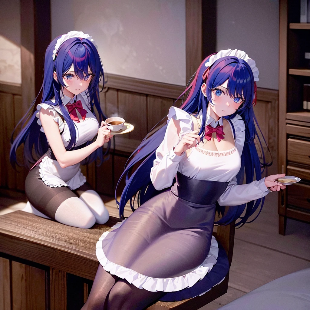 Rise of Langley, Maid outfit, in pantyhose, serving tea, and a room