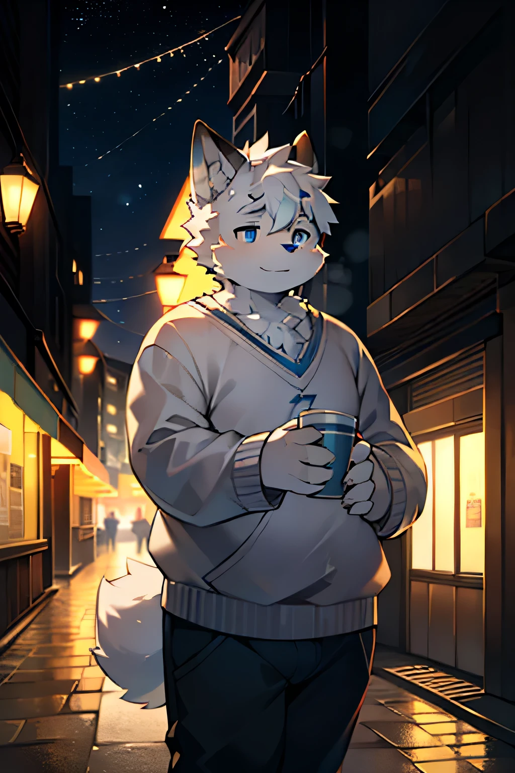 A dog boy，The scene takes place at night。Light blue eyes，White hair，Casual Wear，Slightly chubby，solo，cute，hairy，Fur，street，Alone，Holding coffee
