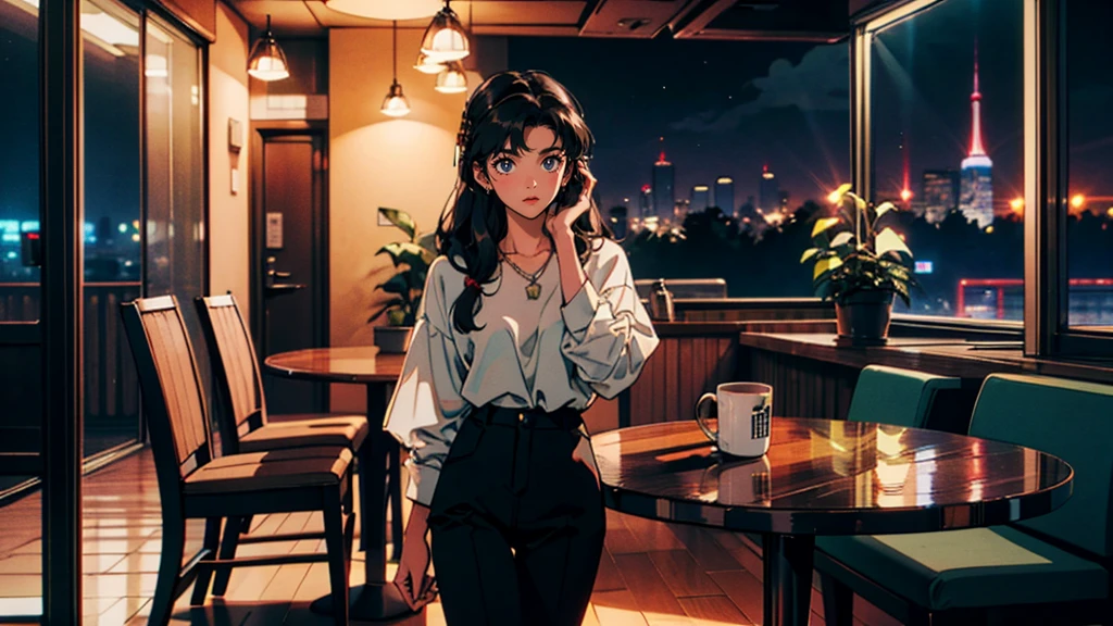 Highest quality, 8k, 1990s style,Hairstyles of the 2010s, 21 year old girl, Black Hair, Long Hair, Light brown eyes, City Pop, pants ,Night view, Wear headphones, whole body, Relax Coffee,table,making,look at me, Black cat