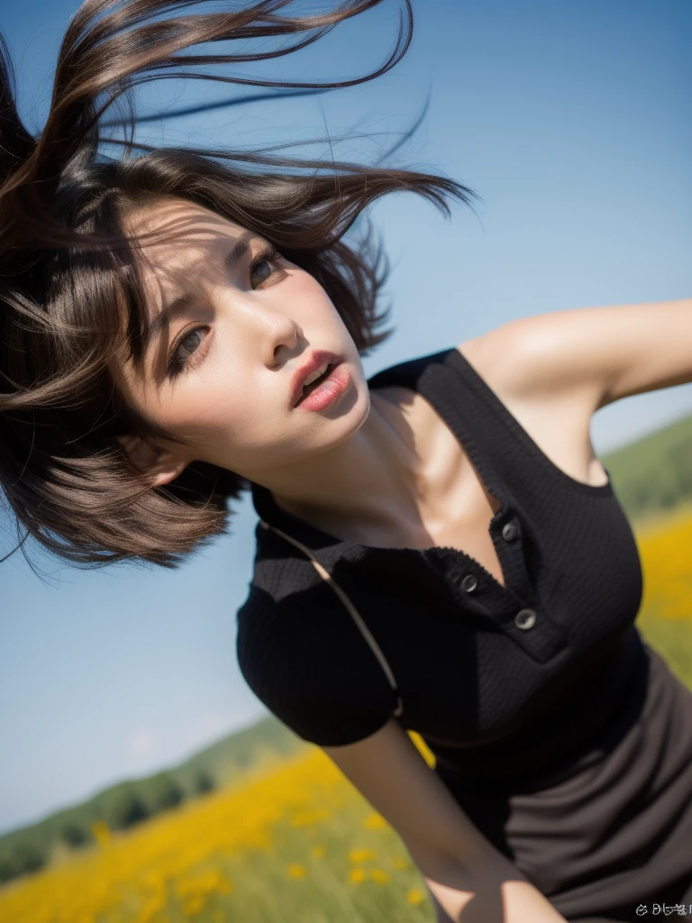 (Detailed wide shot:1.3), (best quality image:1.5)(Black short hair blowing in the wind:1.4), 1girl, sweet face, kazakh, wearing black woollen shirt and skirt, in dahlian meadow, summer, sunlight, surreal view, real object, same posing, looking at viewer, detailed face and eyes, sharp focus, dramatic shadow, ultra highly detailed, film looks, realism, (below angle:1.2)