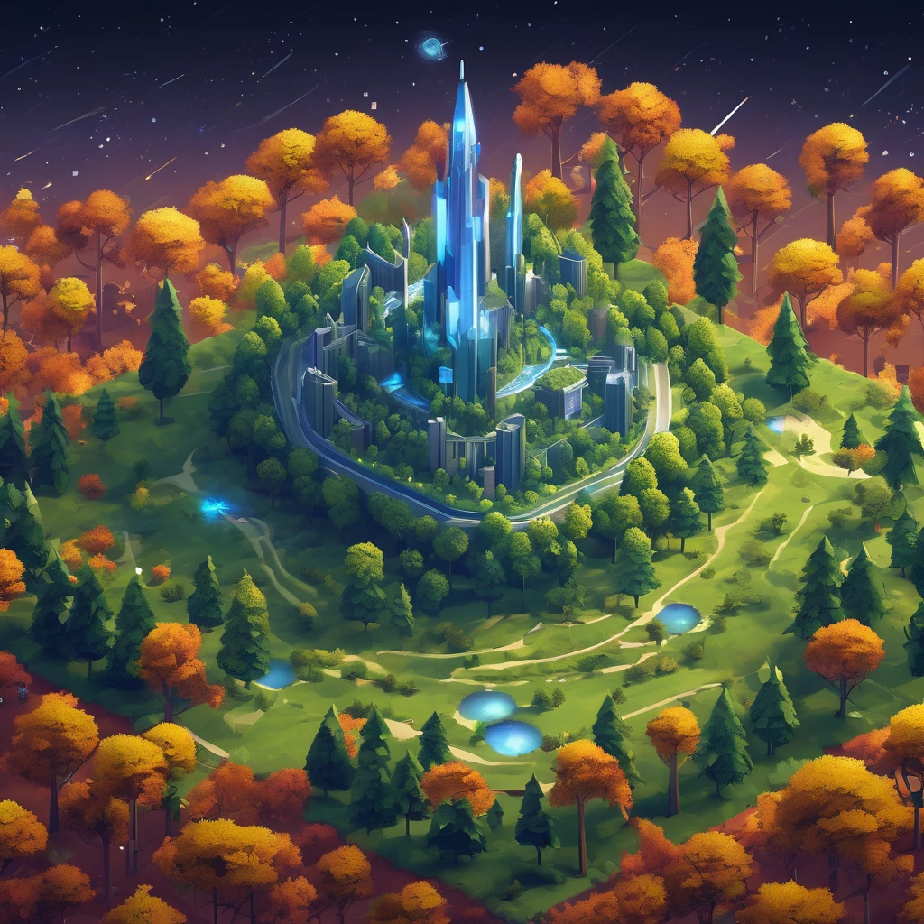 ((masterpiece, best quality)), absurdres, Isometric_Setting, trees, forest, city in the middle, grassfield, outerspace background, stars
