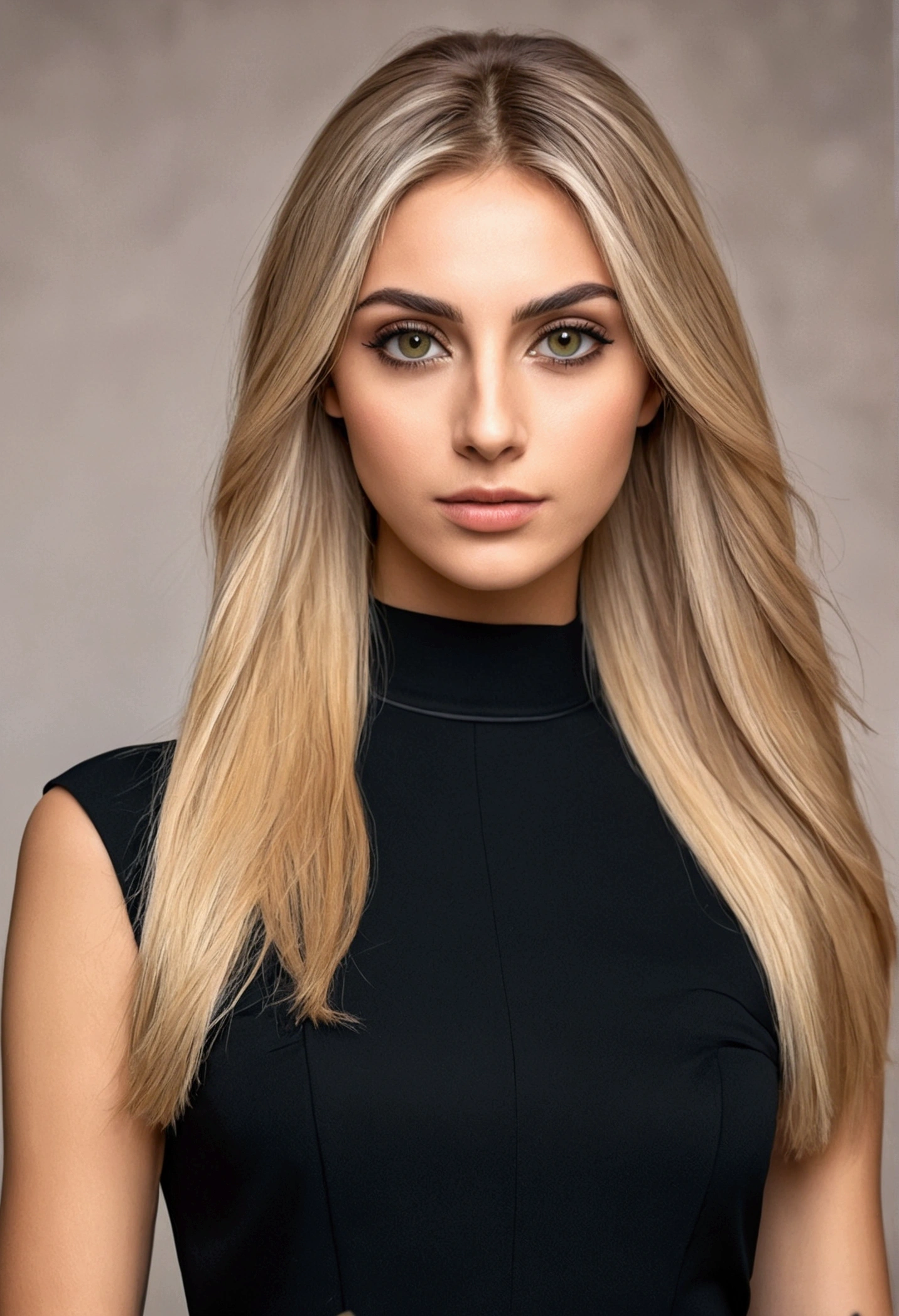 A realistic portait of beautiful italian woman wear a black short dress ,light makeup, long straight blonde hair, high quality photo 4k, very detailed, perfect fit, looking at the camera, detailed face, detailed almond eyes, olive skin
