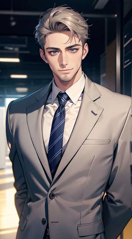 (best quality,4k,8k,highres,masterpiece:1.2),ultra-detailed,(realistic,photorealistic,photo-realistic:1.37),1 man,31 years old,mature man,very handsome,without expression,smile,short grey hair,blue eyes,penetrating gaze,perfect face without errors,imposing posture,businessman,office background,cinematic lighting,hdr image