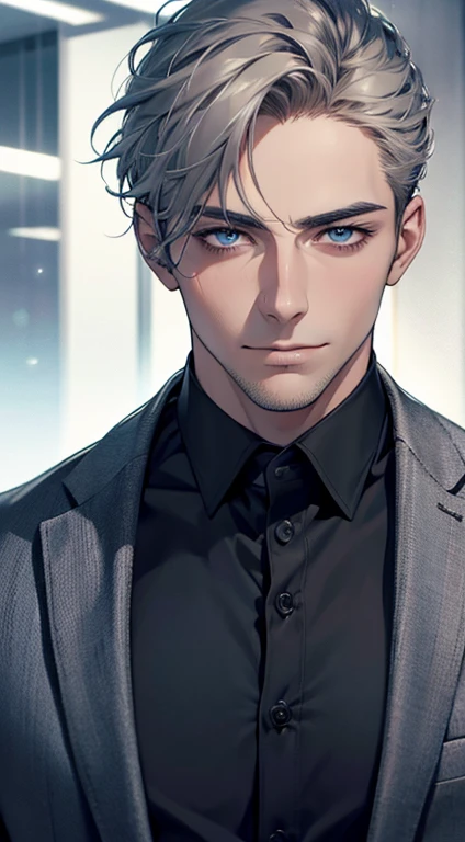 (best quality,4k,8k,highres,masterpiece:1.2),ultra-detailed,(realistic,photorealistic,photo-realistic:1.37),1 man,31 years old,mature man,very handsome,without expression,smile,short grey hair,blue eyes,penetrating gaze,perfect face without errors,imposing posture,businessman,office background,cinematic lighting,hdr image