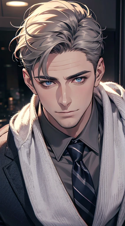 (best quality,4k,8k,highres,masterpiece:1.2),ultra-detailed,(realistic,photorealistic,photo-realistic:1.37),1 man,31 years old,mature man,very handsome,without expression,smile,short grey hair,blue eyes,penetrating gaze,perfect face without errors,imposing posture,businessman,office background,cinematic lighting,hdr image