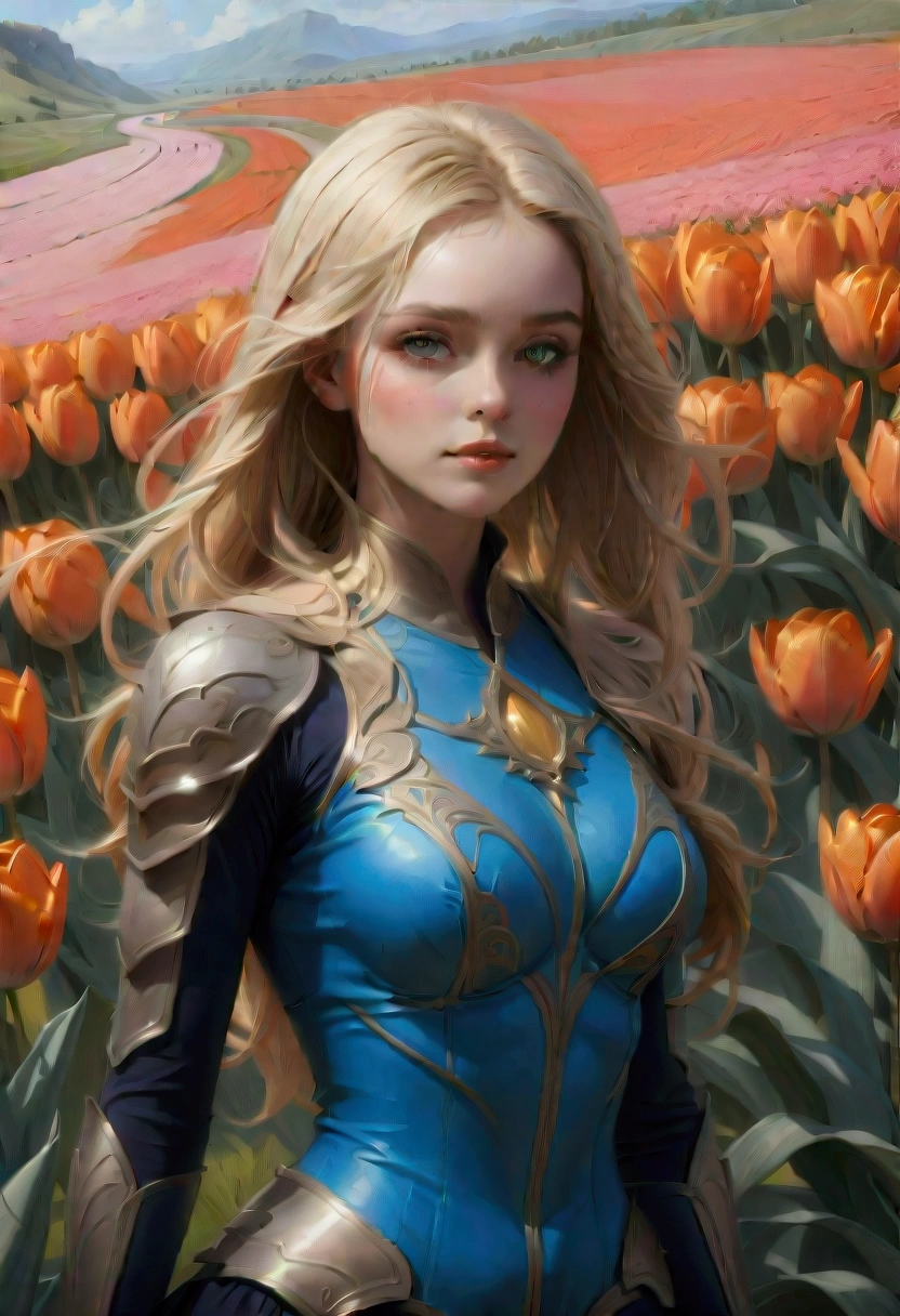 1girl, A field of vibrant tulips, beautiful detailed petals, lush green foliage, serene countryside landscape, warm golden hour lighting, (4k,8k,highres:1.2), ultra-detailed, HDR, UHD, studio lighting, ultra-fine painting, sharp focus, physically-based rendering, extreme detail description, professional, vivid colors, landscape, natural lighting, scenic, idyllic, masterpiece, best quality, very aesthetic, absurdres