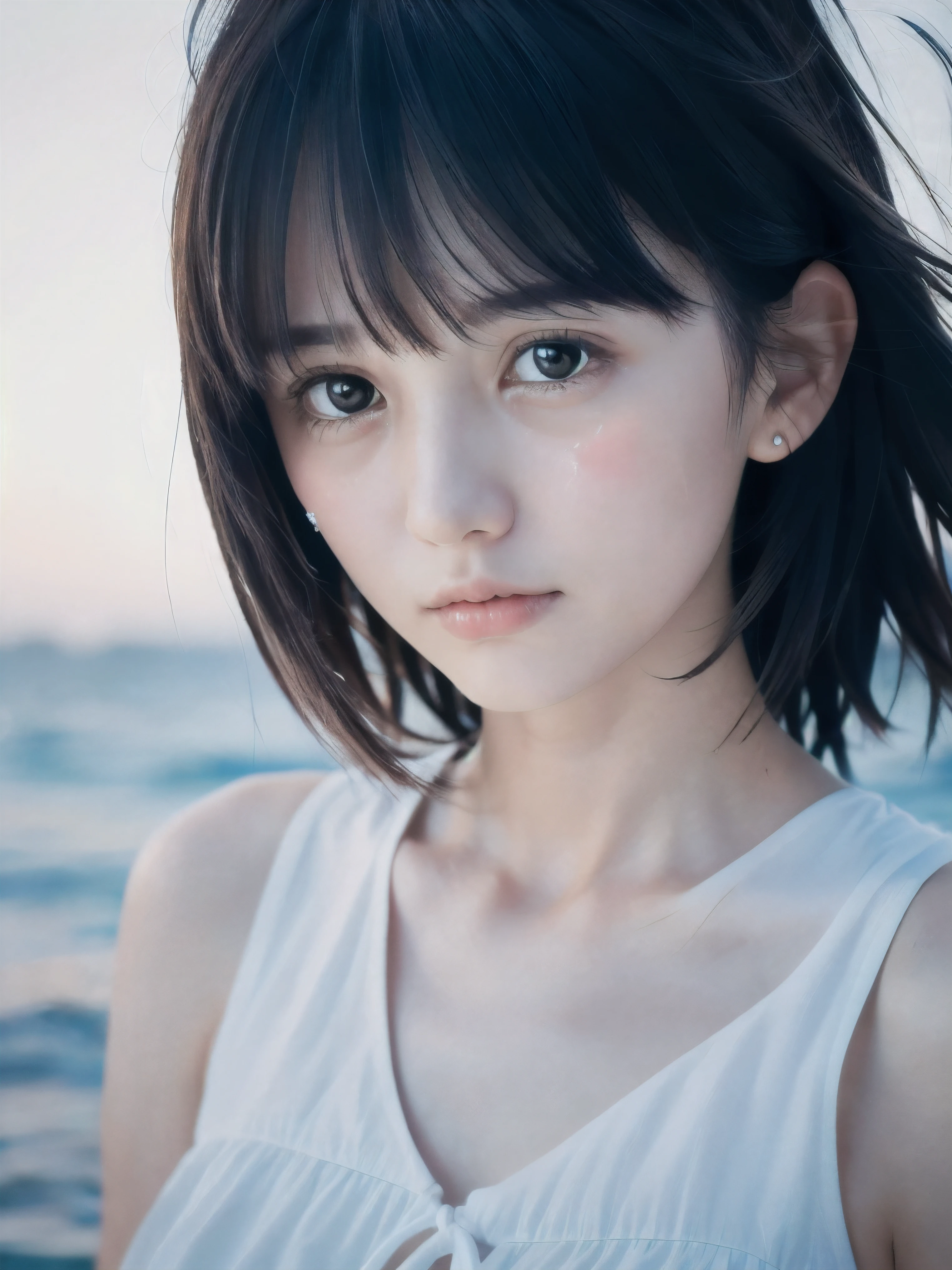 (Close up face shot of slender small-breasted two side up black medium hair with bangs girl wearing a white summer dress:1.5)、(One girl is crying with tears at the cape of the sea in Japan:1.5)、(Darkness midnight:1.5)、(blurred background:1.5)、(Natural light:1.5)、(8k ultra detailed master piece:1.5)、(perfect anatomy:1.5)、(Photorealistic stick:1.5)、(Raw photo:1.3)、(highest quality:1.5)、(High resolution:1.3)、(Delicate and beautiful perfect face:1.3)、(Delicate and beautiful eye air skin:1.3)、(Real Human Skin:1.3)、((thin legs))