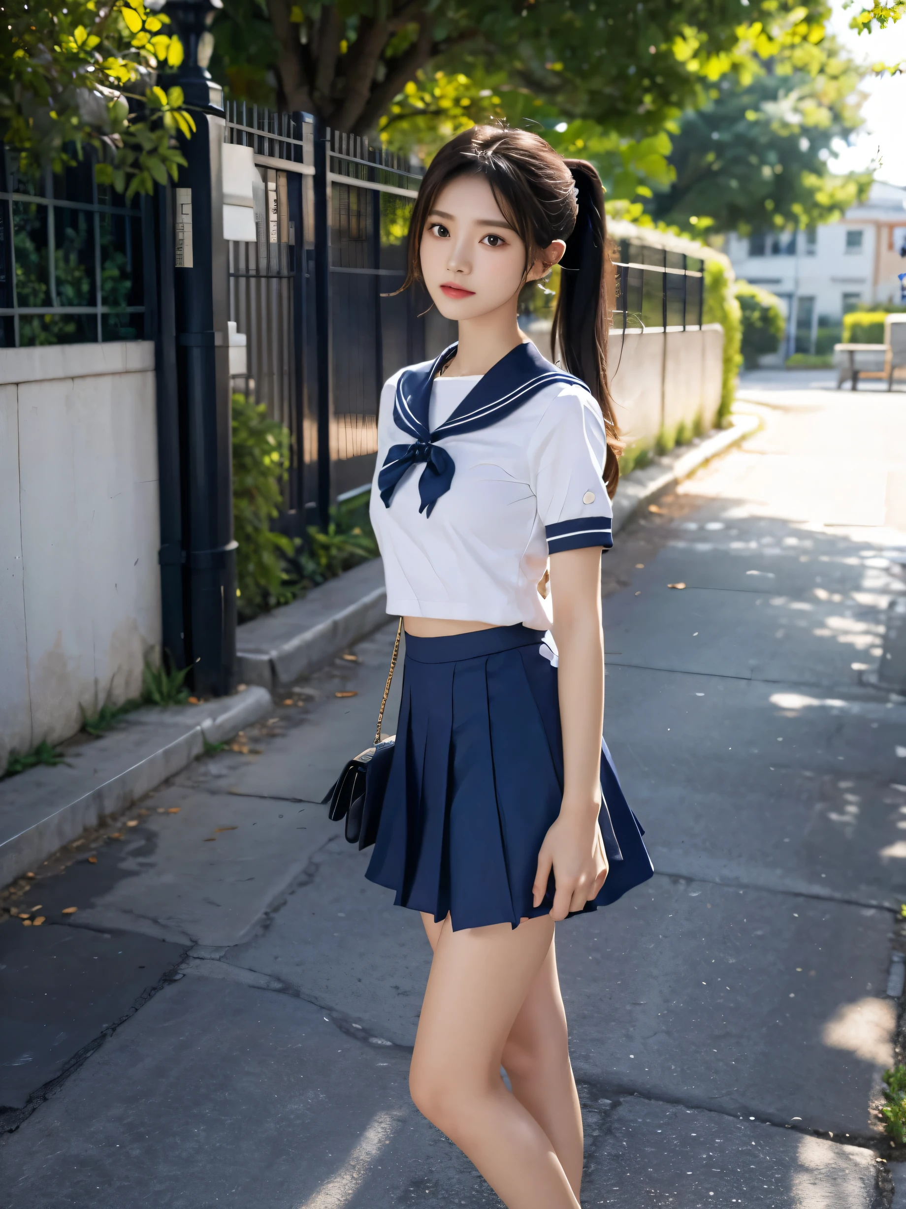 (Ultra HD), (Short-sleeved sailor uniform, Length:0.8, Navy blue mini skirt), Big Breasts, slender, Narrow waist, whole body, Standing posture, (Clean and shiny skin, Whitening, No makeup), (Super slim face, Super beautiful face), (ponytail, Layered Cut, Fluffy hair), (double eyelid, Slanted Eyes), Small Nose, Thin lips, Thin legs, In front of the school gate, evening