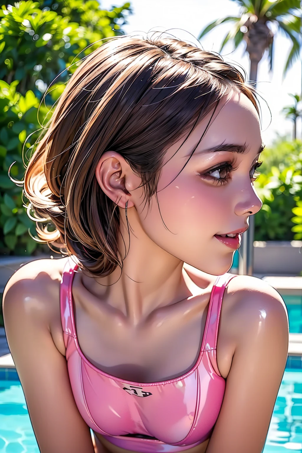 Realistic, masterpiece, Highest quality, Highest Resolution, High Detail, Soft Light, Professional Lighting, Backlight, Film Grain, The background is blurred, Japanese schoolgirl, (The subject was photographed from below, profile:1.3), 16 years old, Laughing happily, Open your mouth, Beautiful and detailed eye drawing, (Droopy eyes:1.3), Dark Eyes, Thin eyebrows, Draw eyelashes carefully, Eyelash extensions, Gal Makeup, Orange Cheek, (White brown braids,Short Hair, middle part:1.3), (Hidden eyelid wrinkles:1.3), (Pink latex swimsuit:1.3), (Poolside under the blazing sun:1.3)