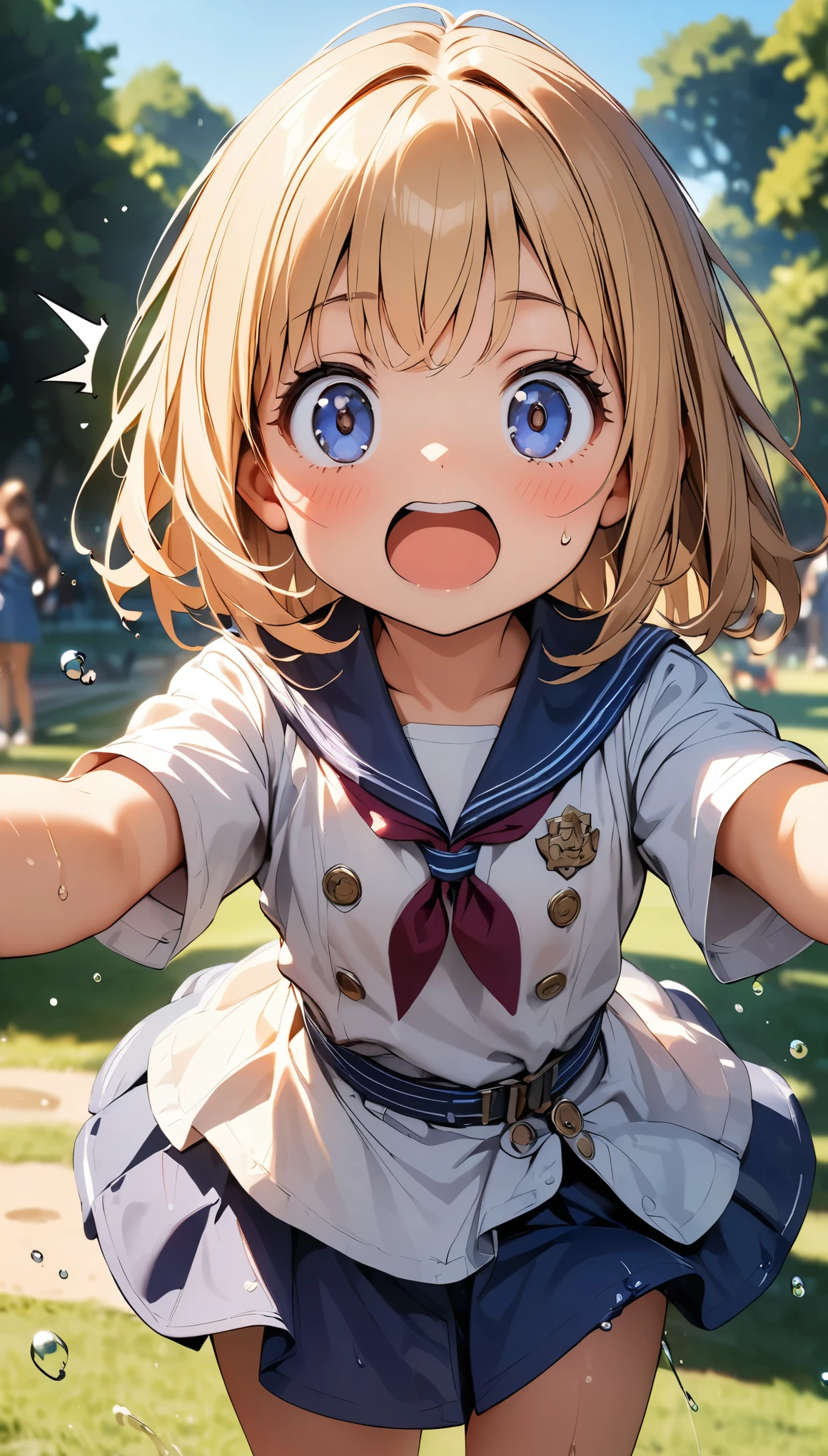 Commemorative photo of girls, 1 Girl, 6 year old girl, Water Play:1.2, squirt:1.2, Water splashes, Playing in the park, ((Surprised, Raise your arms high)), splashes rise, Light and shadow with attention to detail, Background Blur, (Highest quality:1.2, 4K, 8k, Very detailed, Attention to detail, masterpiece:1.2, Best aesthetics),