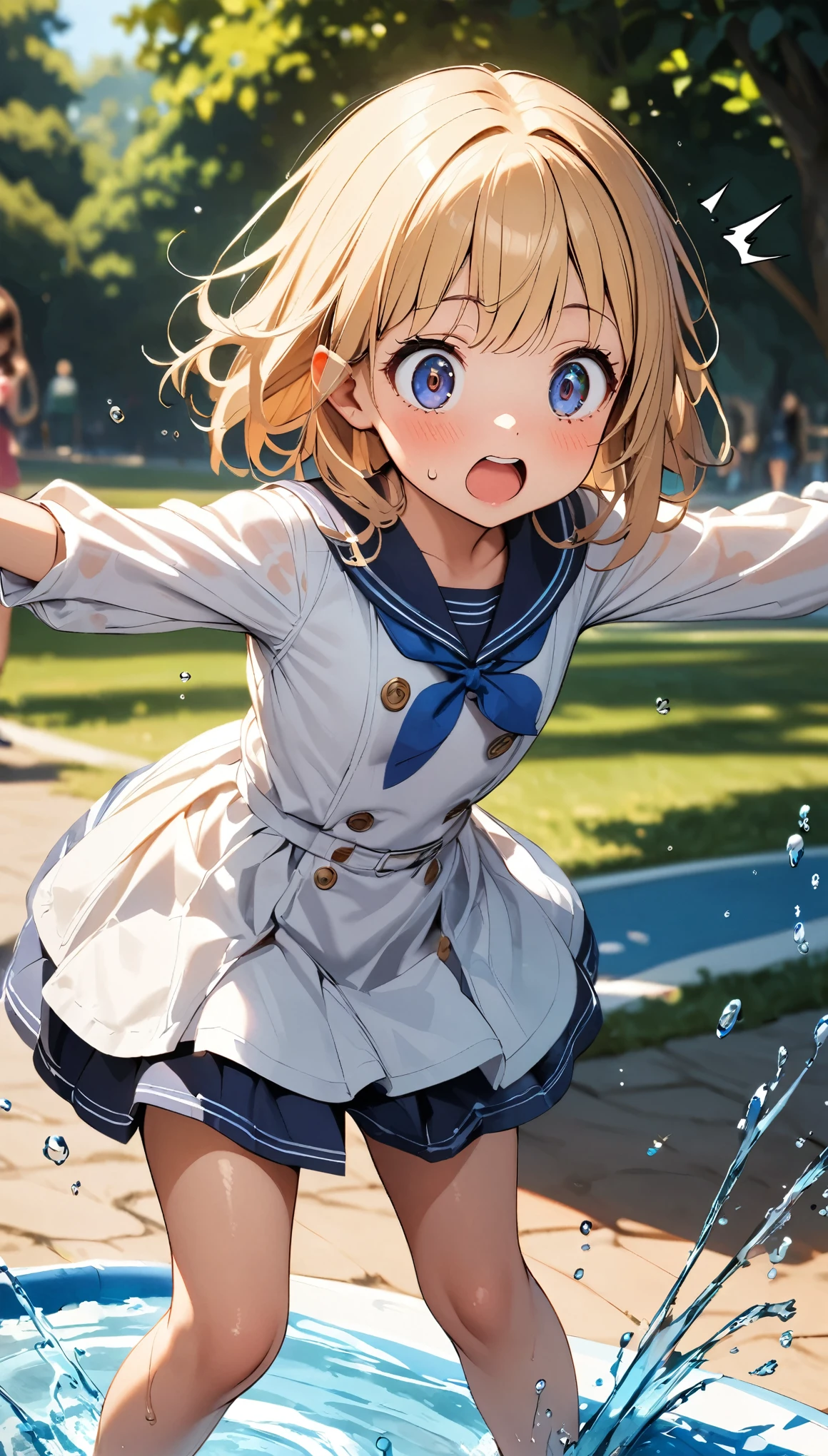Commemorative photo of girls, 1 Girl, 6 year old girl, Water Play:1.2, squirt:1.2, Water splashes, Playing in the park, ((Surprised, Raise your arms high)), splashes rise, Light and shadow with attention to detail, Background Blur, (Highest quality:1.2, 4K, 8k, Very detailed, Attention to detail, masterpiece:1.2, Best aesthetics),
