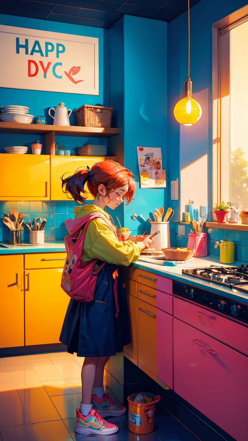 A playful and vibrant scene featuring a cute toaster character holding a sign that reads 'EASY KYC.' The toaster has a happy face, with toast popping out of it, and is standing on a kitchen countertop. The background includes warm, cozy kitchen elements like wooden cabinets, countertops, and hanging lights, giving a homely feel. Replace the toaster character with a beautiful, cute girl while maintaining the same playful and vibrant style. Ensure the new character has similarly styled hair and clothing to fit seamlessly into the scene. The background and overall color scheme should remain exactly the same, preserving the warm and welcoming feel of the image
