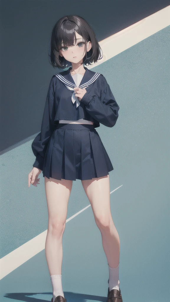 We can see the girl's whole body.
She stands at attention.
She bends her wrists.
She is 18 old.
She is medium height.
She has one eye dark haired
She has black eyes.
She has two arms.
She has two legs.
She has five fingers on her right hand.
She has five fingers on her left hand.
She wears nothing on her face.
She wears a dark blue and white sailor suit.
She wears a dark blue mini skirt.
She wears a white underwear.
She wears white socks.
She wears brown loafers.
it is nothing green background.
