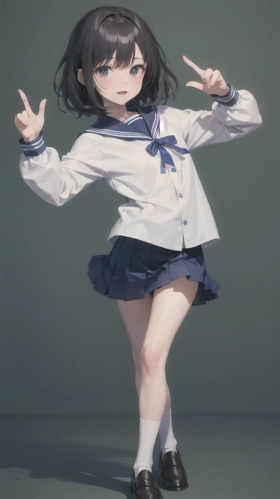 We can see the girl's whole body.
She stands at attention.
She bends her wrists.
She is 18 old.
She is medium height.
She has one eye dark haired
She has black eyes.
She has two arms.
She has two legs.
She has five fingers on her right hand.
She has five fingers on her left hand.
She wears nothing on her face.
She wears a dark blue and white sailor suit.
She wears a dark blue mini skirt.
She wears a white underwear.
She wears white socks.
She wears brown loafers.
it is nothing green background.