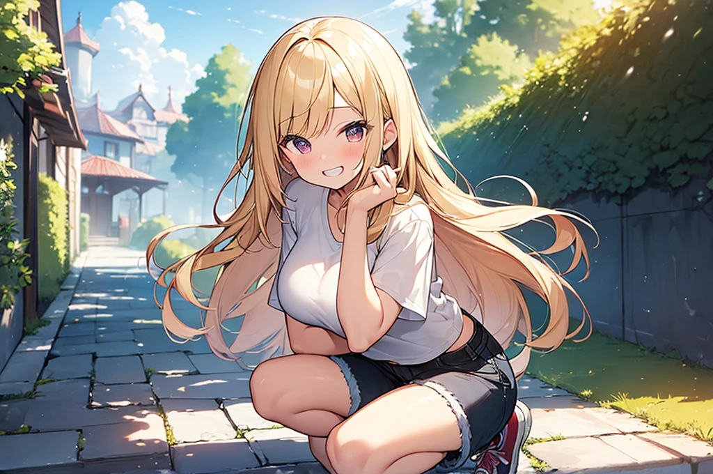 (Masterpiece, Top quality:1.5), 1 beautiful girl, solo, squatting down, from side, Blonde, medium Hair, wavy Hair, asymmetry bangs, swept bangs, airy hair, large breasts:1.2, 16 year old, standard weight, (casual summer fashion, Shorts :1.3),  grin:1.3, blush, beautiful scene of narrow Alley, blurry background, magnificent panorama view, blurry background, open mouth,