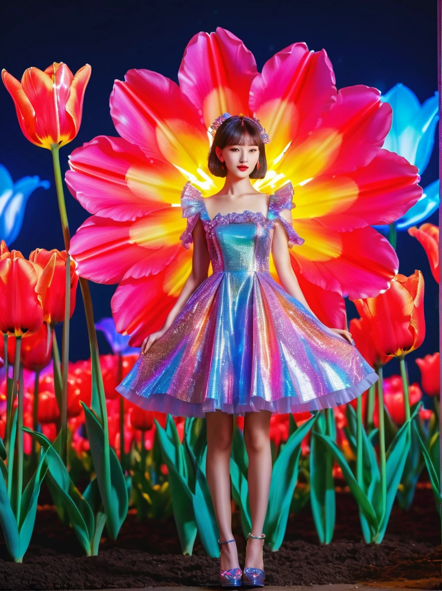 (3D，Mechanical feel，cute，ais-scrapyrd 1girl，Tulip fields)，(使用广角镜头拍摄whole body图像:1.9)，(masterpiece:1.1)，(Highest quality:1.1)，(HDR:1.0)，Ambient Light，Ultra high quality，(Ultra-detailed original illustrations)，(1 Girl，whole body)，(Rainbow Tulip Dress)，(Slender thighs)，(Shoes made from tulip flowers: 1.5)，((Harajuku Fashion))，((Flowers with human eyes，Eye disease))，Double Exposure，Fusion of Fluid Abstract Art，Fault，(Original illustration composition)，(Limited color blending，Extreme art style，Geometric artstyle), , Colorful neon lights，High-tech mechanical parts，Metal body，Detailed Vibranium Flower Design，Vibrant colors，Dynamic glowing flowers，Reflective metal surface，Bright environment，Dynamic poses，Exquisite existence，Skills Improvement，Interlocking mechanical gears，Stylish design，motion blur effect，Detailed metal treatment，Sci-fi atmosphere，Streamlined aerodynamic shape，Laser scanning pattern，Holographic projection，LED light track，Beautiful and unforgettable，Advanced sensors，Complex algorithms，Ominous and mysterious atmosphere，Electric Spark，Shiny chrome，Propulsion systems of the future，(Best quality，8k，high resolution，masterpiece:1.2)，Super detailed，(whole body:1.8), magazine photography，一个cute的女孩形象，Popular on social platforms，((Dopamineism))，(((Dopamine color matching)))，Dopamine，(in the style of Y2K)，Luo Erchun，3D古风，Oriental poetry and painting