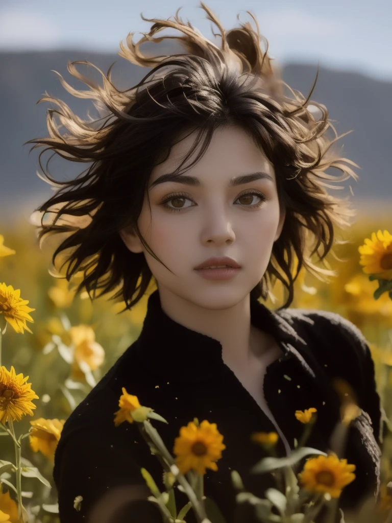 (Detailed wide shot:1.3), (best quality image:1.5)(Black short hair blowing in the wind:1.4), 1girl, sweet face, kazakh, wearing black woollen shirt and skirt, in dahlian meadow, summer, sunlight, surreal view, real object, same posing, looking at viewer, detailed face and eyes, sharp focus, dramatic shadow, ultra highly detailed, film looks, realism, (below angle:1.2)