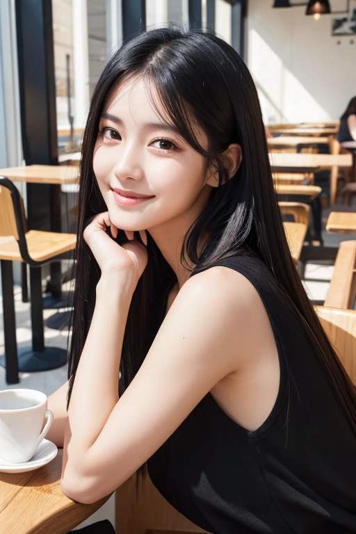 beautiful woman, long shiny straight black hair, sitting in cafe, upper body, half smile, casual top, natural light, high resolution, realistic photo