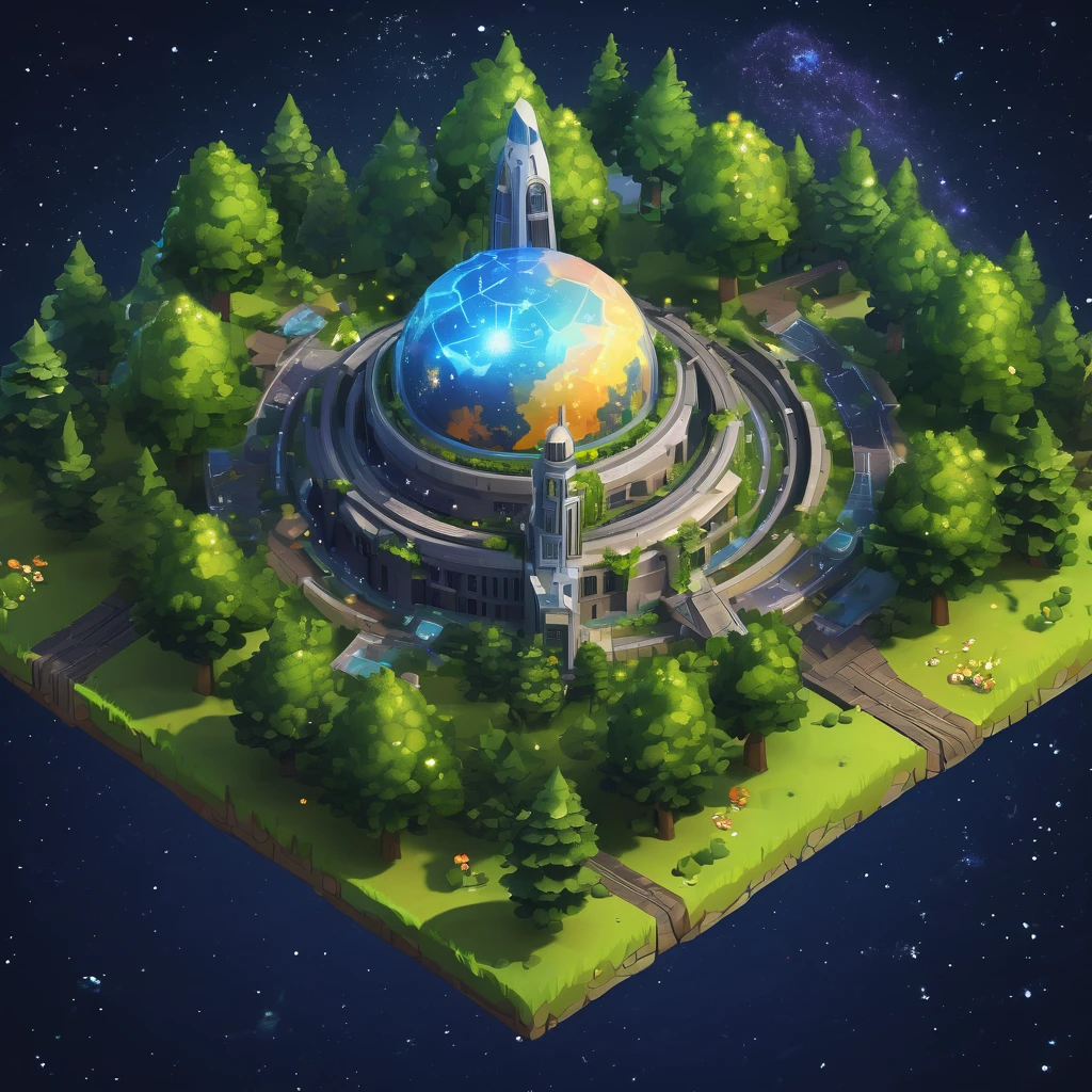 ((masterpiece, best quality)), absurdres, Isometric_Setting, trees, forest, city in the middle, grassfield, outerspace background, stars