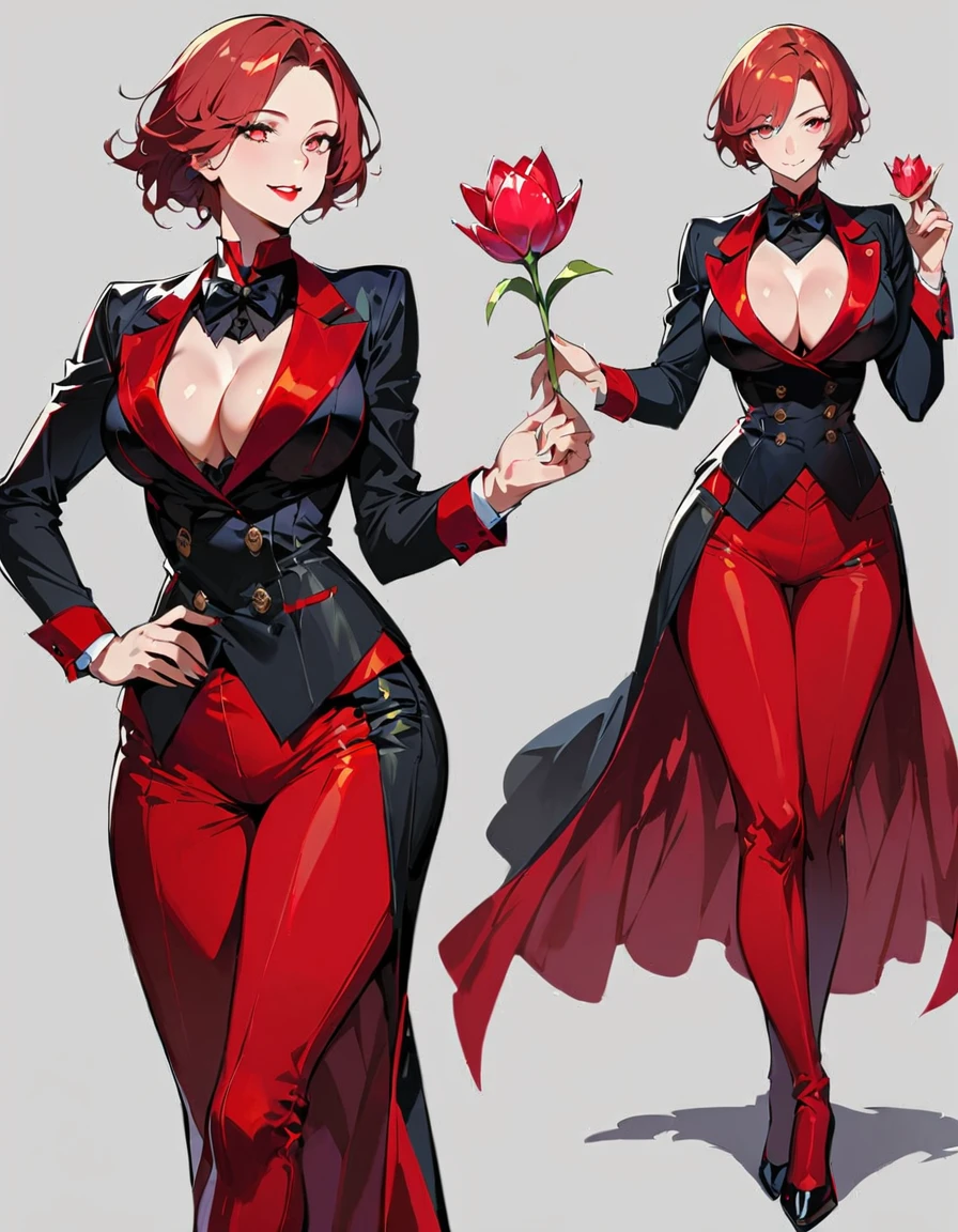 Mature beautiful woman,(Highest quality,Extremely detailed depiction,Incredibly absurd high resolution,Anatomically accurate depiction,Curvy Legs),(Glowing Skin,Shiny skin),(Royal suit,Butler-style outfit,Tight fit),eyelash,Flashy makeup,eye shadow,Glowing pink eyes,There is cleavage in the chest,Glossy red lipstick,Shadowed face,A seductive smile,whole body,Standing posture,In her hand she holds a rainbow of glass tulips:1.5