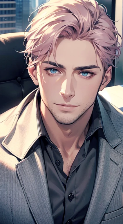 (best quality,4k,8k,highres,masterpiece:1.2),ultra-detailed,(realistic,photorealistic,photo-realistic:1.37),1 man,31 years old,mature man,very handsome,without expression,smile,short grey pink hair,blue eyes,penetrating gaze,perfect face without errors,imposing posture,businessman,office background,cinematic lighting,hdr image