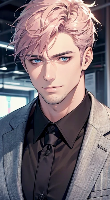 (best quality,4k,8k,highres,masterpiece:1.2),ultra-detailed,(realistic,photorealistic,photo-realistic:1.37),1 man,31 years old,mature man,very handsome,without expression,smile,short grey pink hair,blue eyes,penetrating gaze,perfect face without errors,imposing posture,businessman,office background,cinematic lighting,hdr image