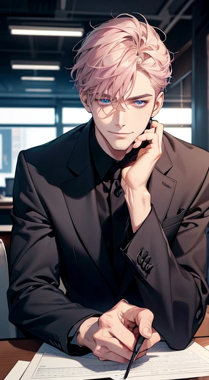 (best quality,4k,8k,highres,masterpiece:1.2),ultra-detailed,(realistic,photorealistic,photo-realistic:1.37),1 man,31 years old,mature man,very handsome,without expression,smile,short grey pink hair,blue eyes,penetrating gaze,perfect face without errors,imposing posture,businessman,office background,cinematic lighting,hdr image