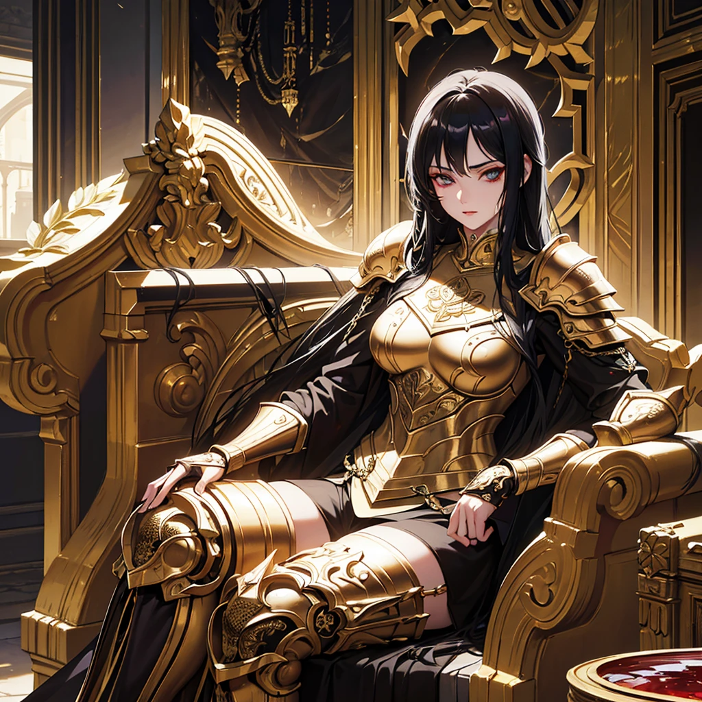 A loli swordsman with long black hair and a cold face, sitting on a throne in a room filled with gold and blood drops, (best quality,4k,8k,highres,masterpiece:1.2),ultra-detailed,(realistic,photorealistic,photo-realistic:1.37),chiaroscuro lighting,dramatic lighting,extremely detailed face,beautiful detailed eyes,beautiful detailed lips,extremely detailed eyes and face,long eyelashes,intricate armor,ornate throne,opulent interior,blood dripping,gold accents,moody atmosphere,dark fantasy,cinematic