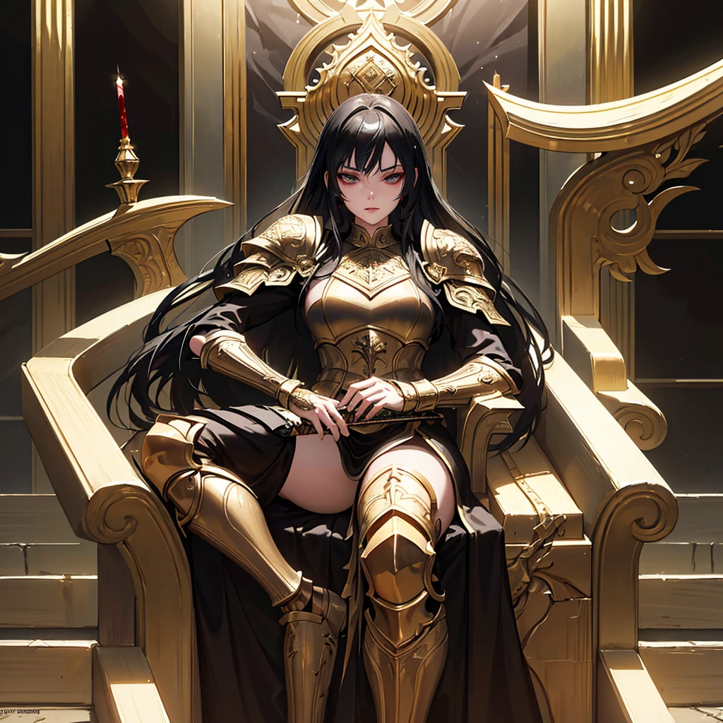 A loli swordsman with long black hair and a cold face, sitting on a throne in a room filled with gold and blood drops, (best quality,4k,8k,highres,masterpiece:1.2),ultra-detailed,(realistic,photorealistic,photo-realistic:1.37),chiaroscuro lighting,dramatic lighting,extremely detailed face,beautiful detailed eyes,beautiful detailed lips,extremely detailed eyes and face,long eyelashes,intricate armor,ornate throne,opulent interior,blood dripping,gold accents,moody atmosphere,dark fantasy,cinematic