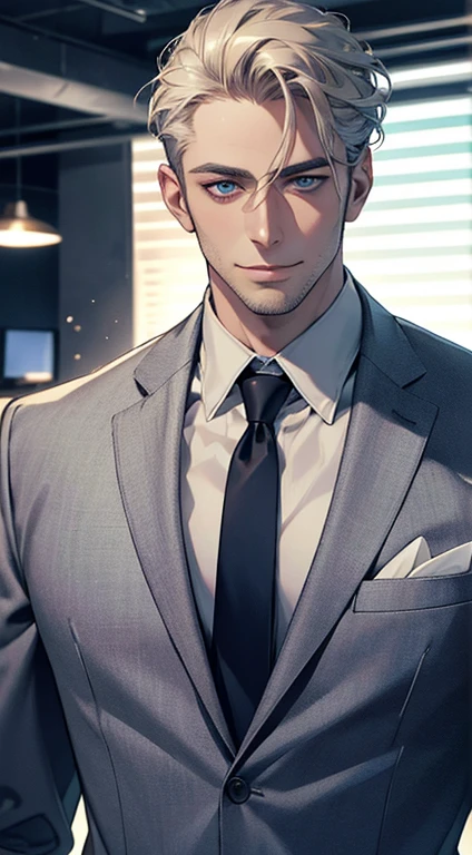(best quality,4k,8k,highres,masterpiece:1.2),ultra-detailed,(realistic,photorealistic,photo-realistic:1.37),1 man,31 years old,mature man,very handsome,without expression,smile,short grey golden hair,blue eyes,penetrating gaze,perfect face without errors,imposing posture,businessman,office background,cinematic lighting,hdr image