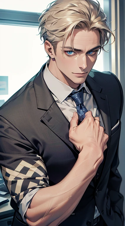 (best quality,4k,8k,highres,masterpiece:1.2),ultra-detailed,(realistic,photorealistic,photo-realistic:1.37),1 man,31 years old,mature man,very handsome,without expression,smile,short grey golden hair,blue eyes,penetrating gaze,perfect face without errors,imposing posture,businessman,office background,cinematic lighting,hdr image