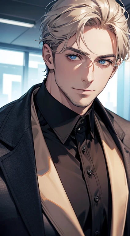 (best quality,4k,8k,highres,masterpiece:1.2),ultra-detailed,(realistic,photorealistic,photo-realistic:1.37),1 man,31 years old,mature man,very handsome,without expression,smile,short grey golden hair,blue eyes,penetrating gaze,perfect face without errors,imposing posture,businessman,office background,cinematic lighting,hdr image