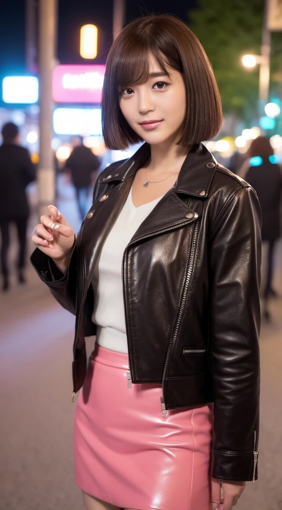 (((Yumikanoku))),((Highest quality, 8k, masterpiece :1.3)), One girl, smile, whole body, Slim face, Beautiful woman, (Dark brown hair), Tight leather pink suit,Pink Short Tight Skirt, Highly detailed face, Detailed eyes, double eyelid, Bokeh Background, Slim face, City of night, Neon Light,outside, Tokyo Street,Japan,leather jacket,Leather skirt,Bob cut short hair,